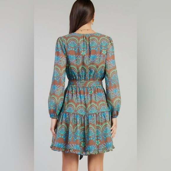 NWT Current Air Brown, Blue, & Green Floral Print Long Sleeve Mini Dress Small - Picture 2 of 16